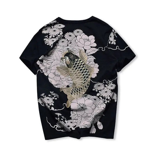 Golden Koi Fish Carp Embroidery T-Shirt